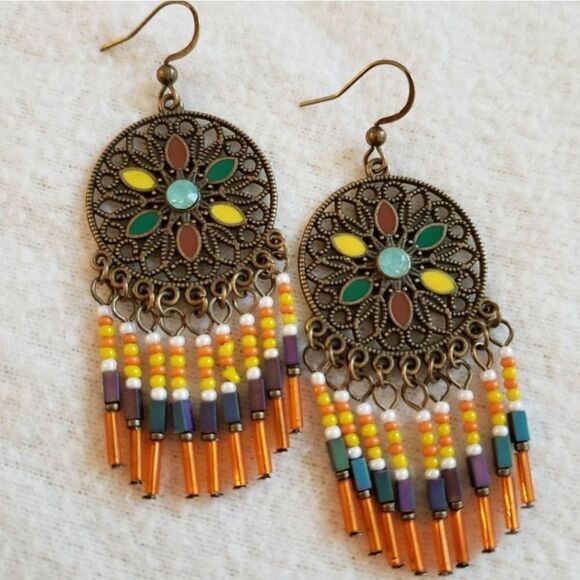 Beaded Fringe Drop Earrings - Picture 1 of 3